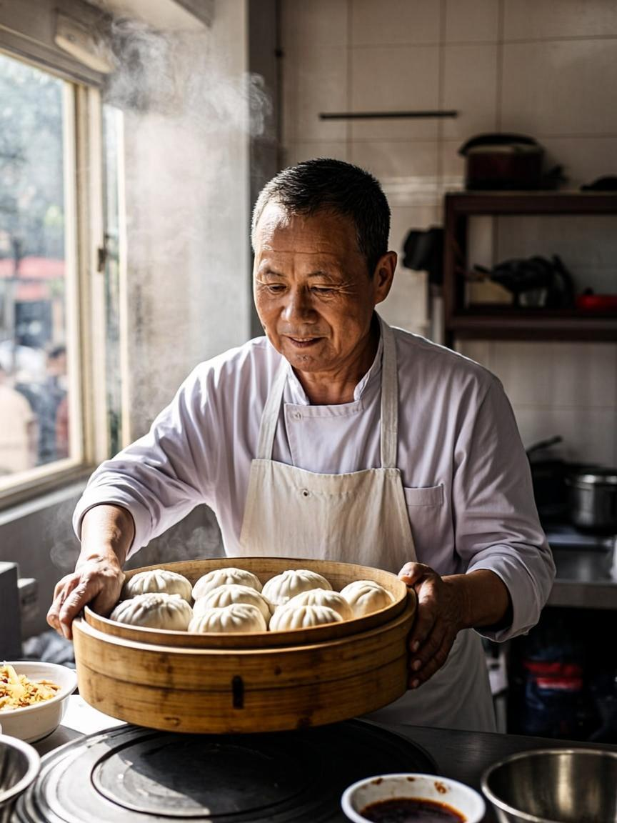 Kenny, the chef and owner, making fresh rice rolls with a bamboo steamer